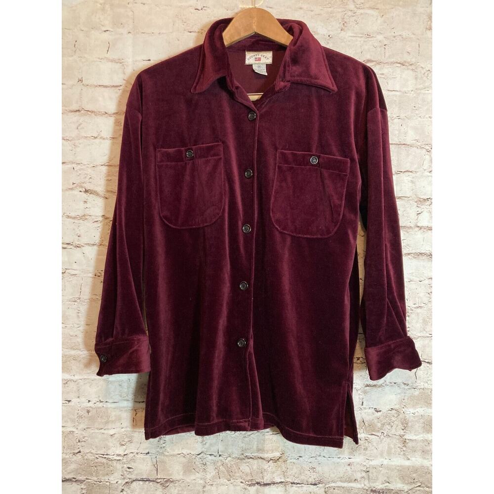 Vintage County Seat Top Womens Medium‎ Plum Purple Velour Button Up Stretch